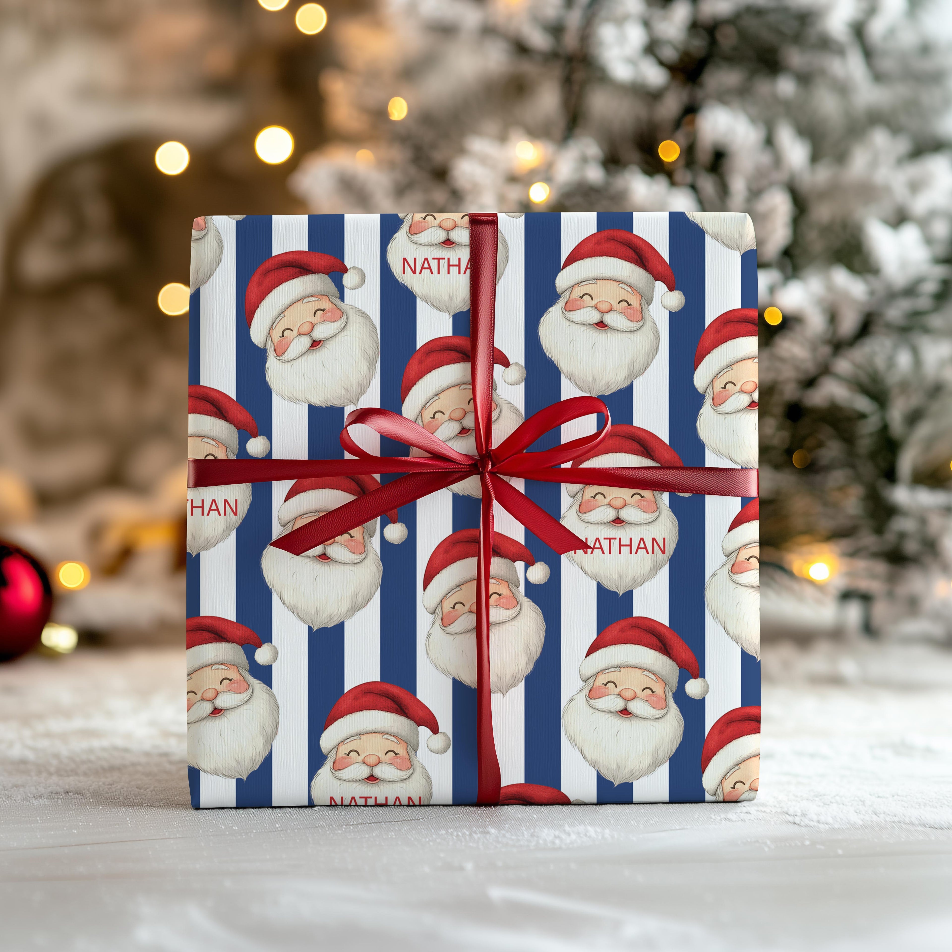 Personalised Santa Blue Stripe Christmas Wrapping Paper
