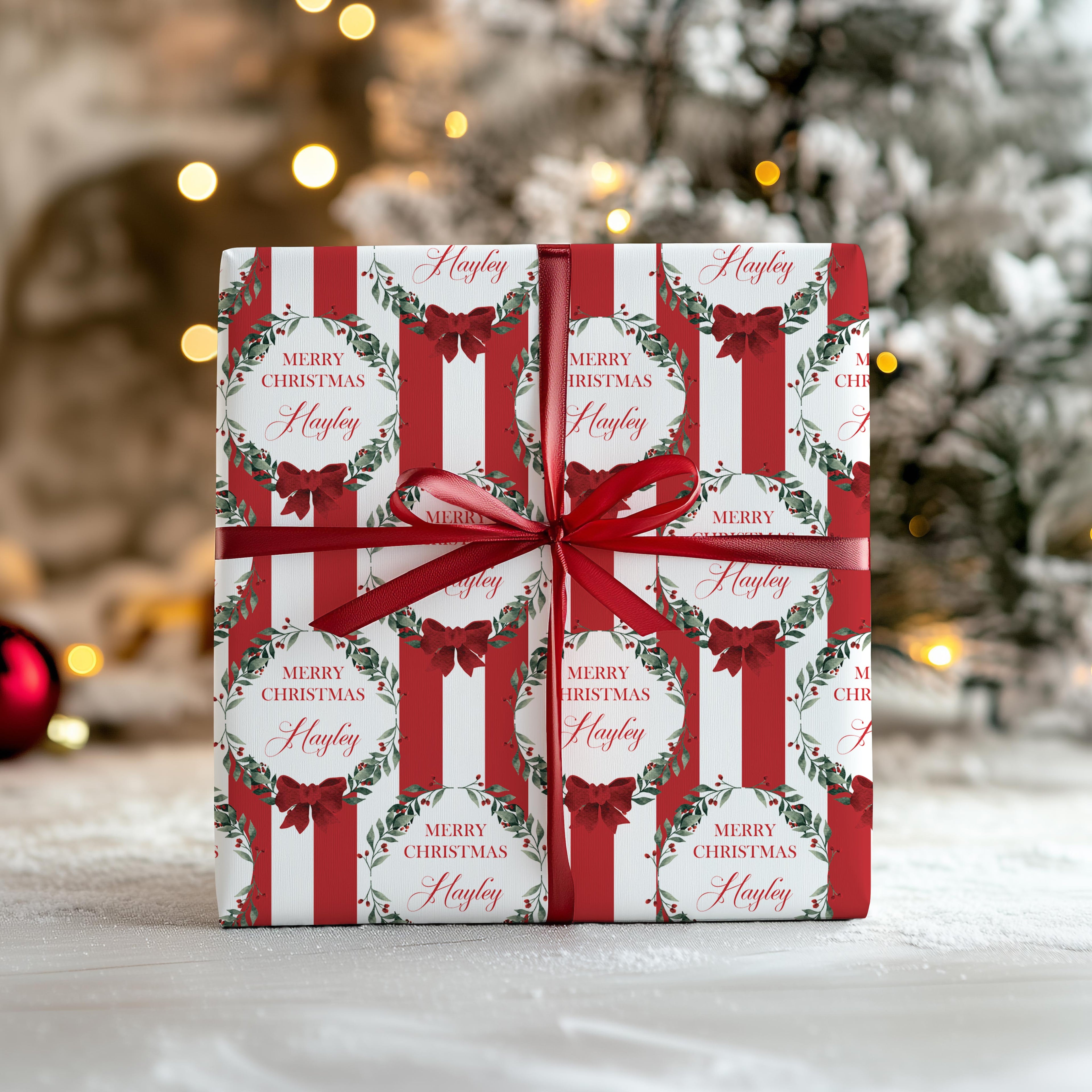 Personalised Christmas Wreath Stripe Wrapping Paper