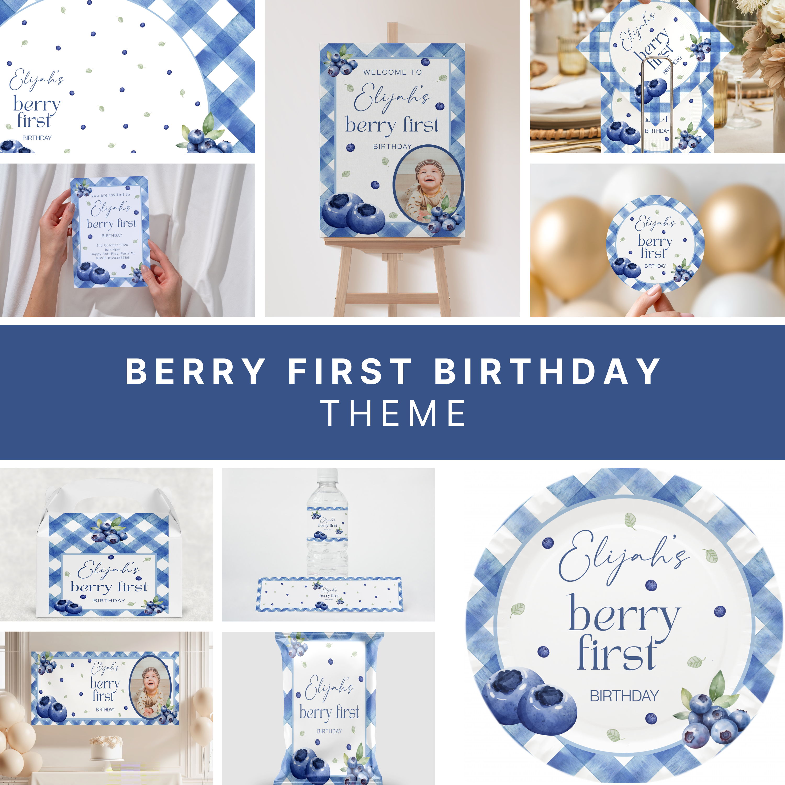 Personalised Blue-Berry First Birthday Theme Party Bundle
