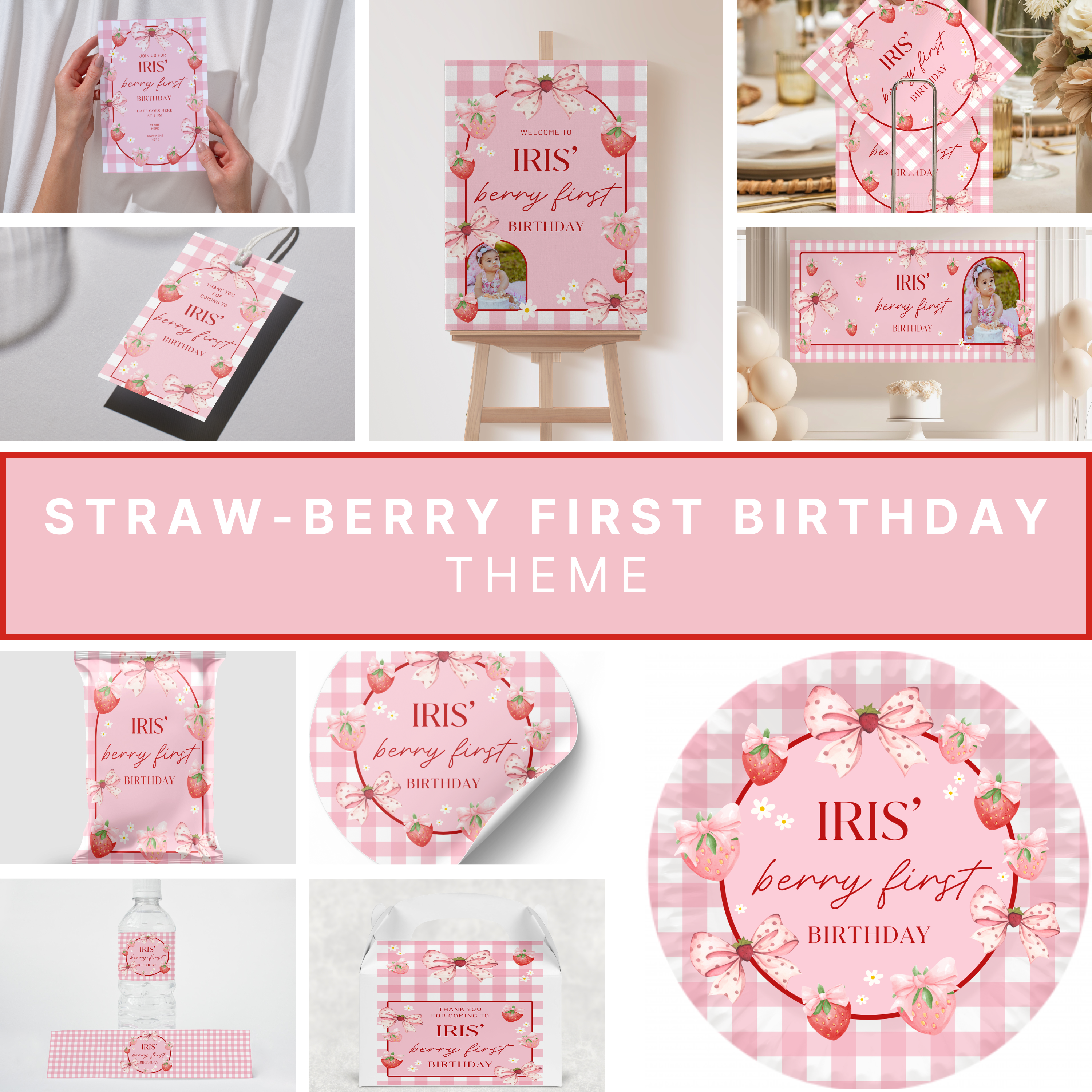 Personalised Straw-Berry First Birthday Theme Party Bundle